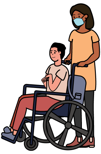 Mujer cuidando a joven en silla de ruedas