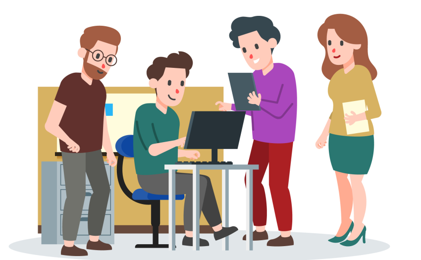 Ilustración, 2 hombres y una mujer de pie, miran a la computadora de otro hombre, que está sentado.