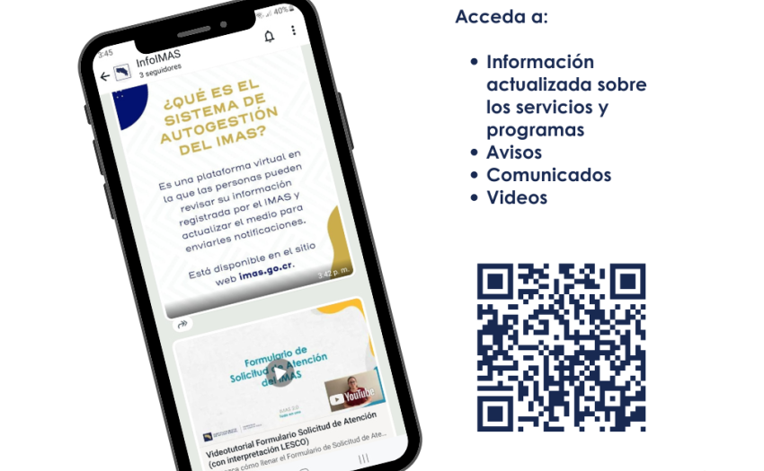 Imagen de celular donde se ve el canal de WhatsApp del IMAS, texto y un código QR para ingresar. 