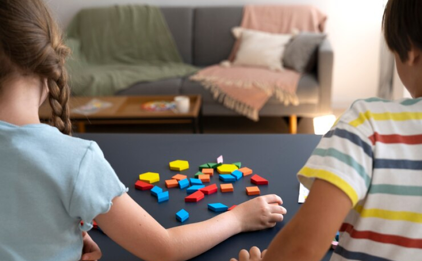 Niño y niña jugando con piezas de colores que están sobre una mesa. 