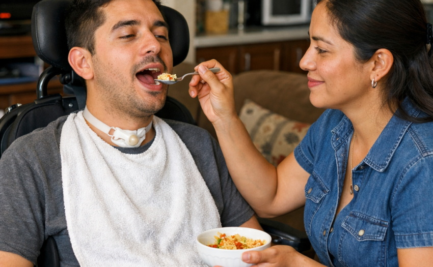 Mujer da comida a hombre que está en silla de ruedas. 